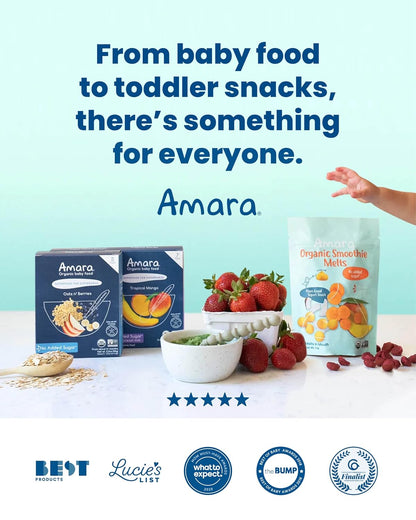 Amara Organic Baby Food Stage 2 Oats & Berries Simple Five Ingredient Pouch for Uncluttered Kitchens, 3.5oz 5-Count