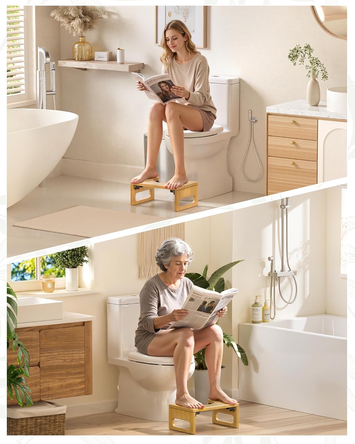 AmazerBath Bamboo Toilet Stool – Minimalist Bathroom Essential, Zero Assembly and Clutter-Free Foldable Form