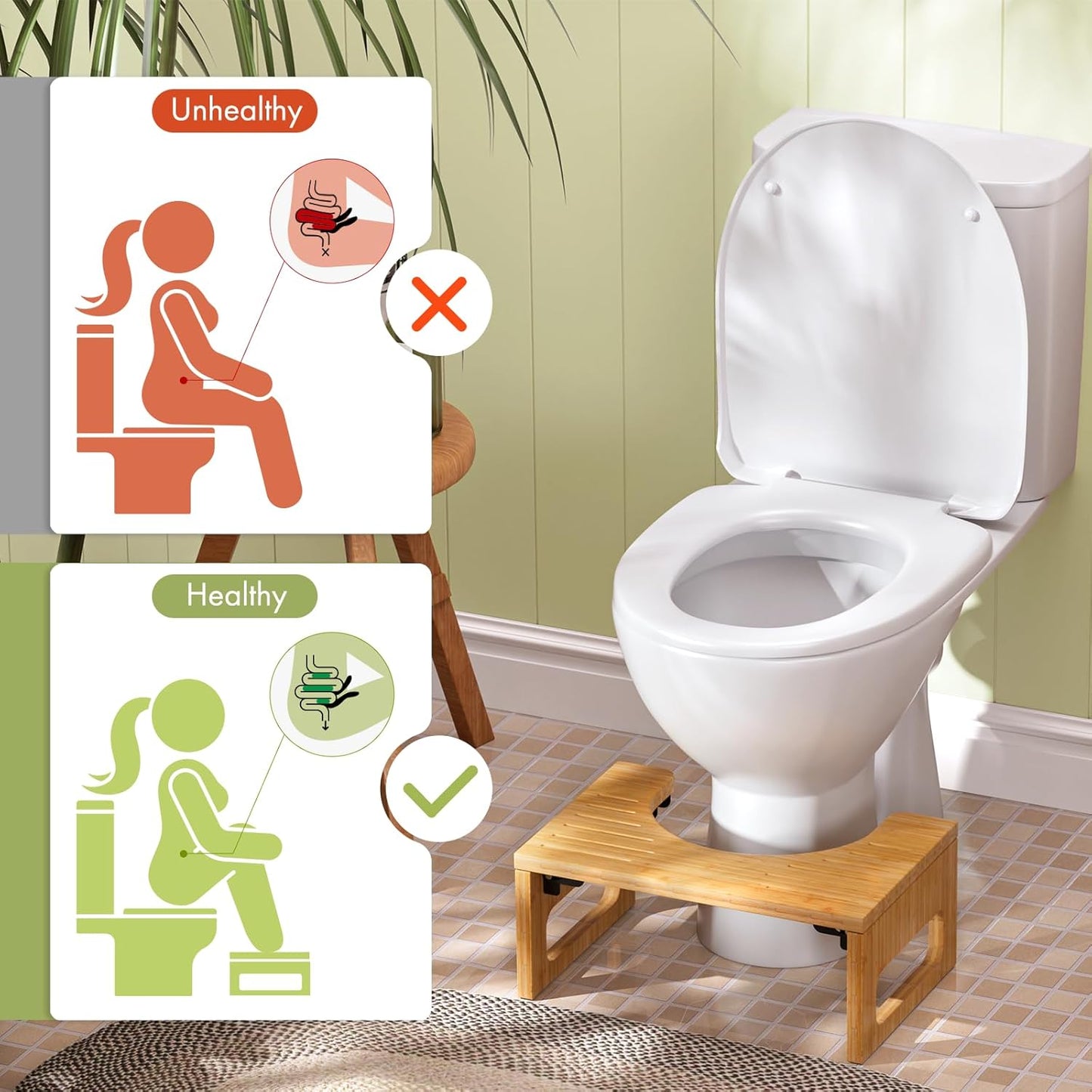 AmazerBath Bamboo Toilet Stool – Minimalist Bathroom Essential, Zero Assembly and Clutter-Free Foldable Form
