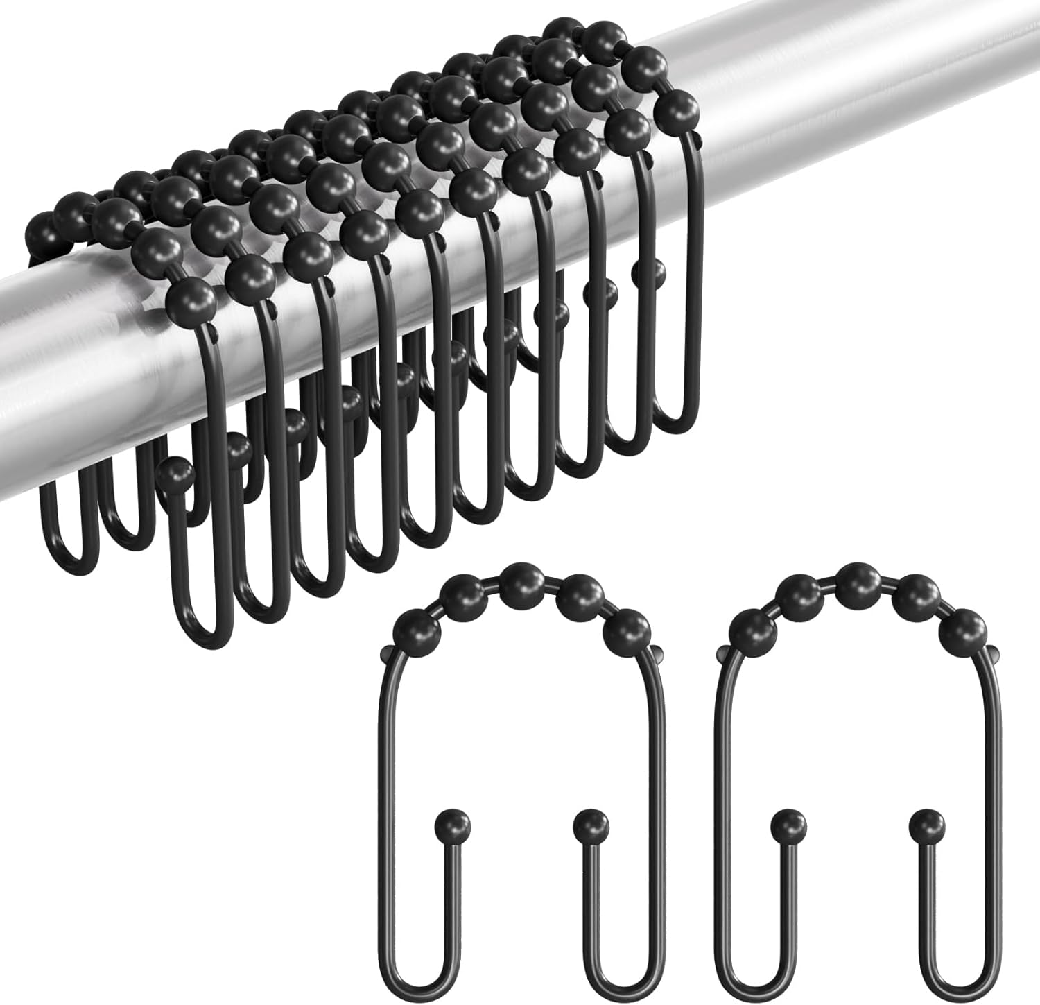 AmazerBath Shower Curtain Hooks – Minimalist Bathroom Hardware in Matte Black, Open Hook Tool Free Install 12 Pack
