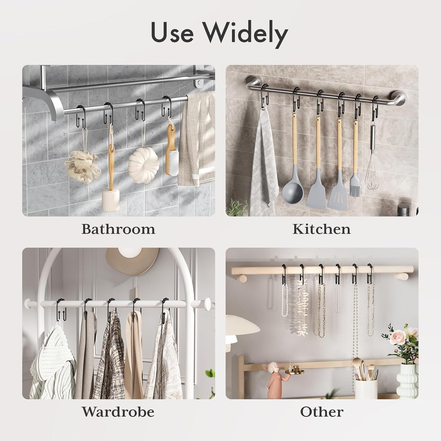 AmazerBath Shower Curtain Hooks – Minimalist Bathroom Hardware in Matte Black, Open Hook Tool Free Install 12 Pack