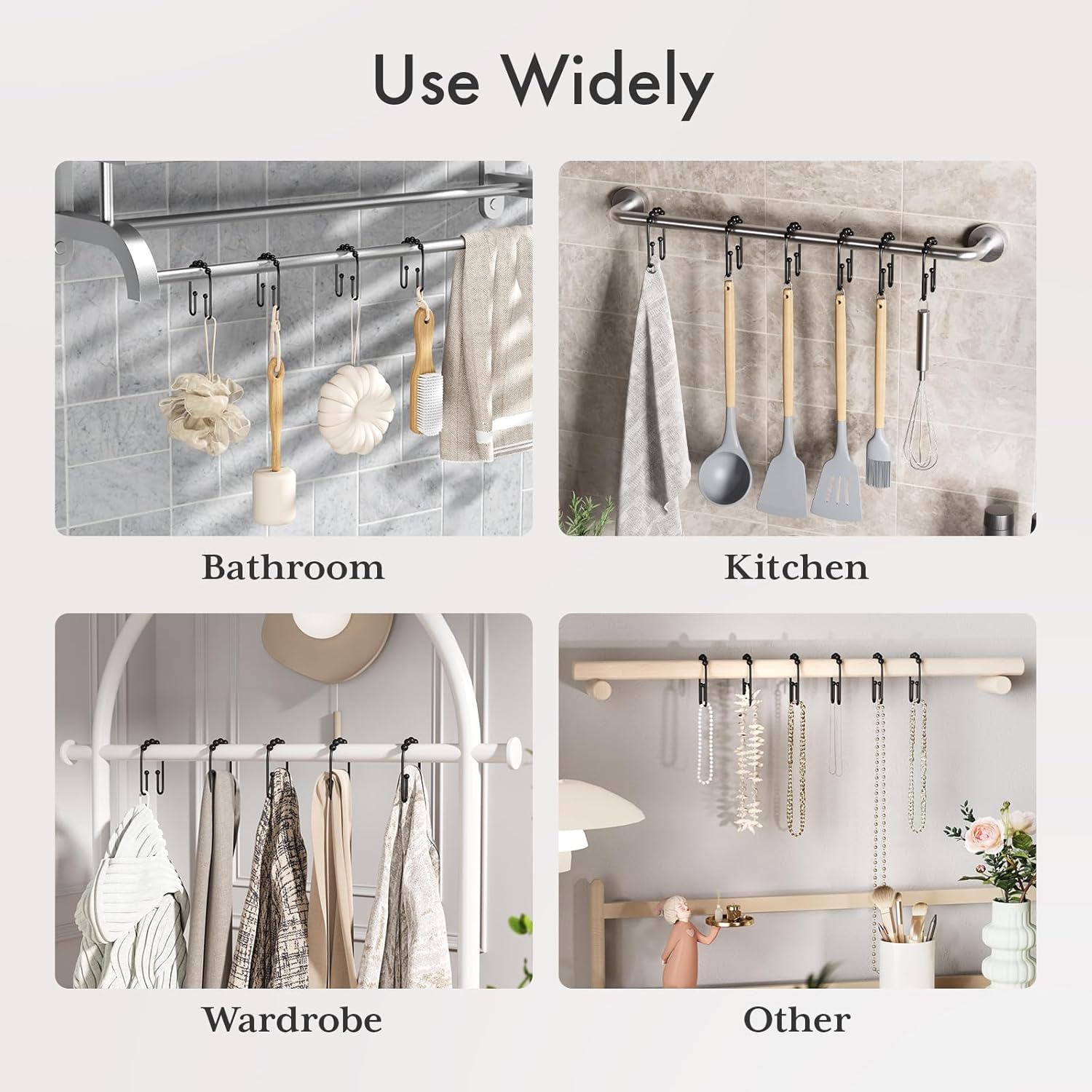 AmazerBath Shower Curtain Hooks – Minimalist Bathroom Hardware in Matte Black, Open Hook Tool Free Install 12 Pack