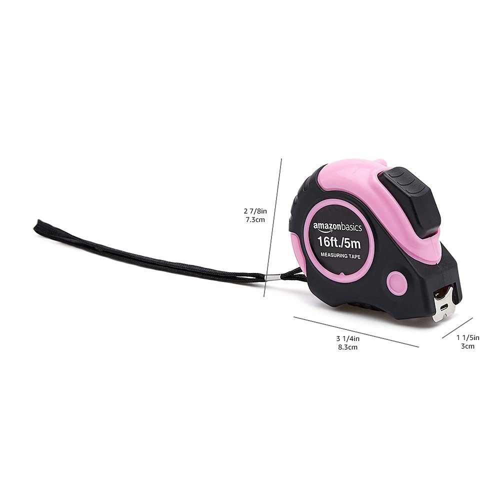 Amazon Basics Retractable Tape Measure with Metric and SAE Measurements, 16ft/5m – Compact Retractable Design with Push-Button Lock for Effortless Everyday Use, Pink