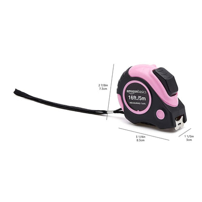Amazon Basics Retractable Tape Measure with Metric and SAE Measurements, 16ft/5m – Compact Retractable Design with Push-Button Lock for Effortless Everyday Use, Pink