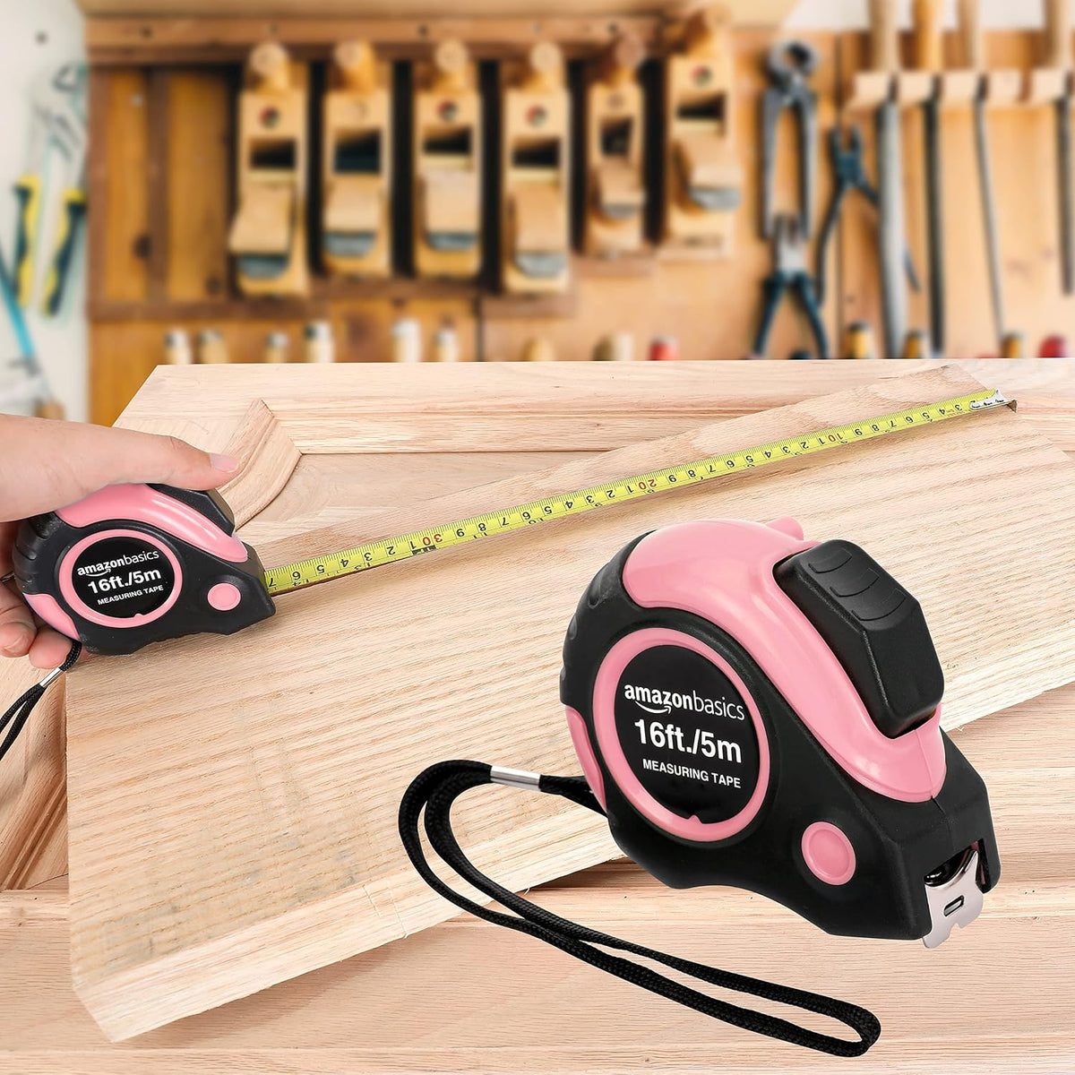 Amazon Basics Retractable Tape Measure with Metric and SAE Measurements, 16ft/5m – Compact Retractable Design with Push-Button Lock for Effortless Everyday Use, Pink