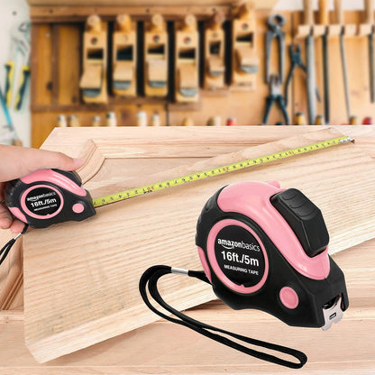Amazon Basics Retractable Tape Measure with Metric and SAE Measurements, 16ft/5m – Compact Retractable Design with Push-Button Lock for Effortless Everyday Use, Pink