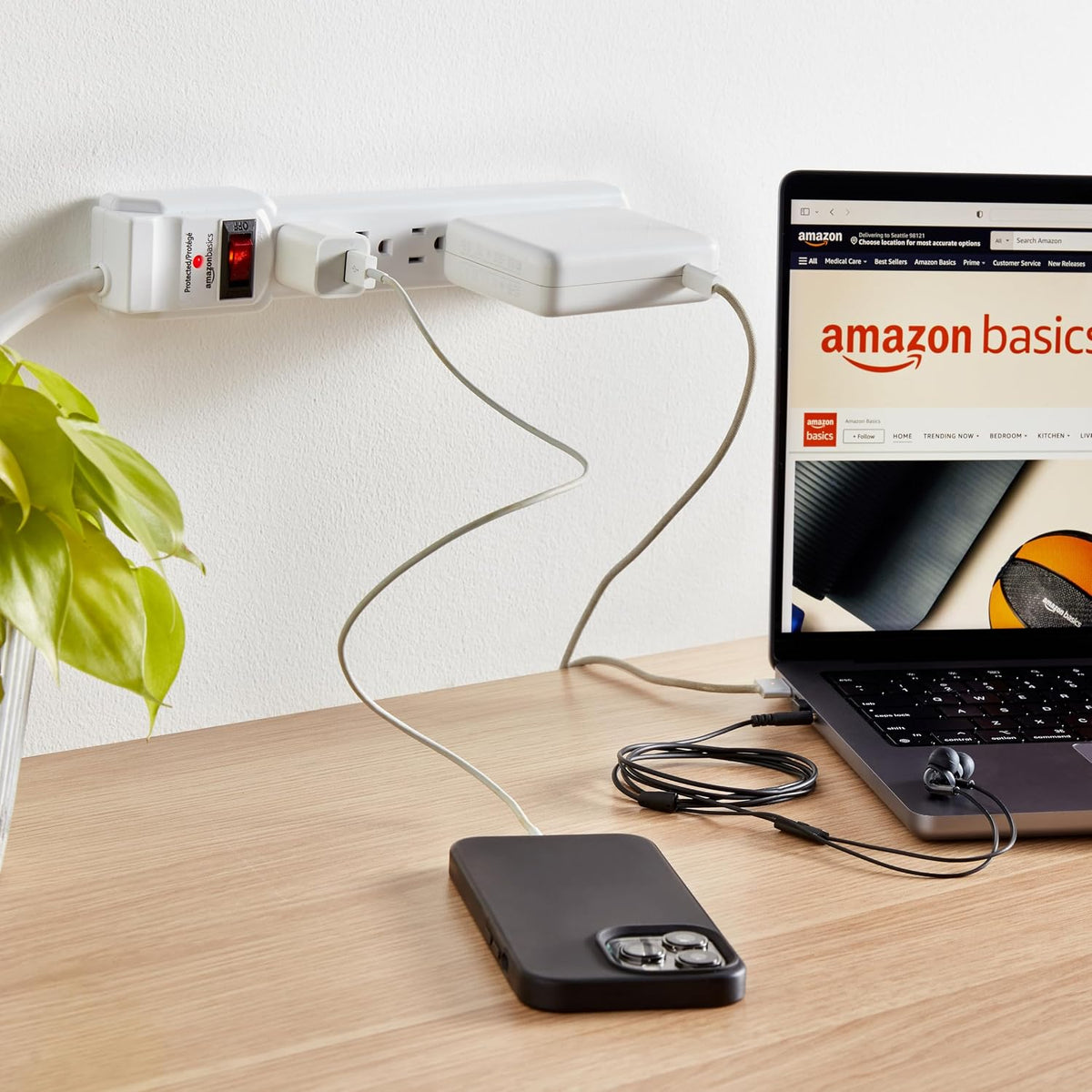 Amazon Basics Surge Protector Power Strip – Bedroom Fire-Safe Charging, 6 Outlets with 200J Surge Protection and Reset