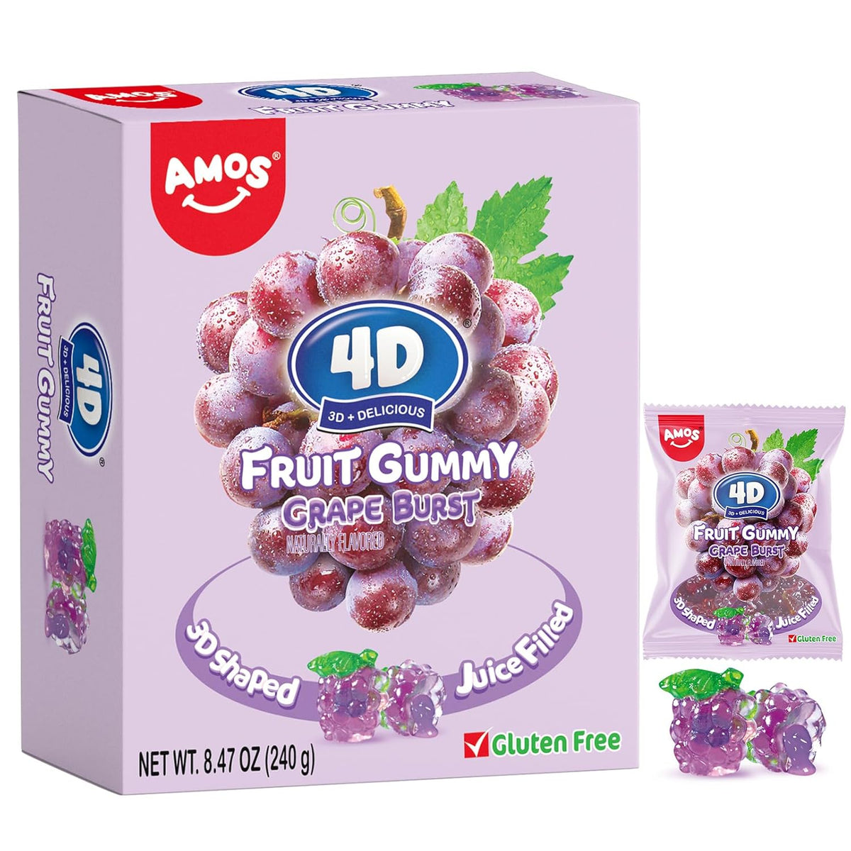 AMOS 4D Gummy Candy Grape Burst – Easter Egg Stuffer for Kids' Egg Hunt, 3D Grape Shaped Mini Packs