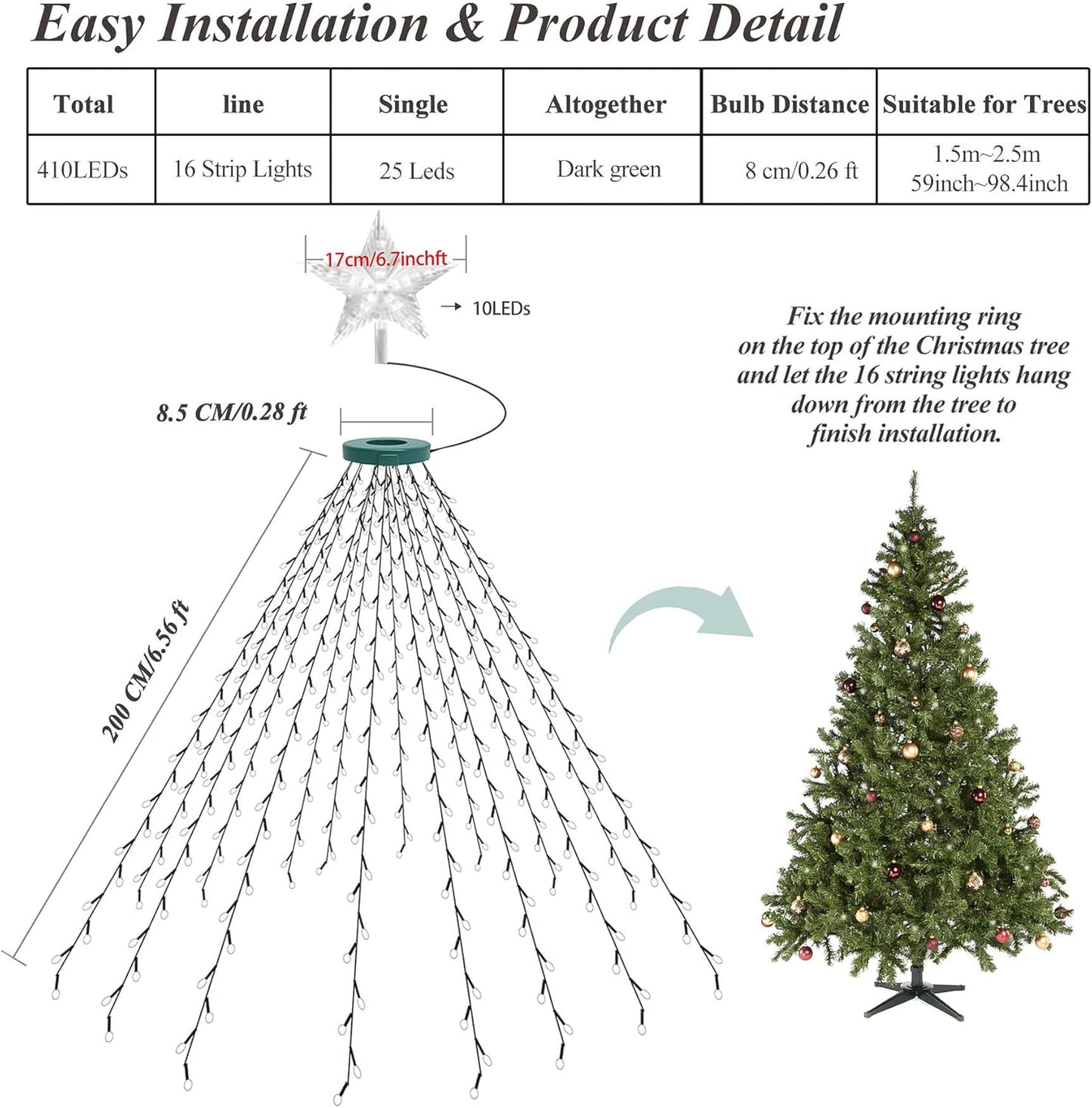 aneeway 410 LED Cascading Star Fairy Lights – Warm White Bedroom & Living Room Decor with 8 Modes and Timer