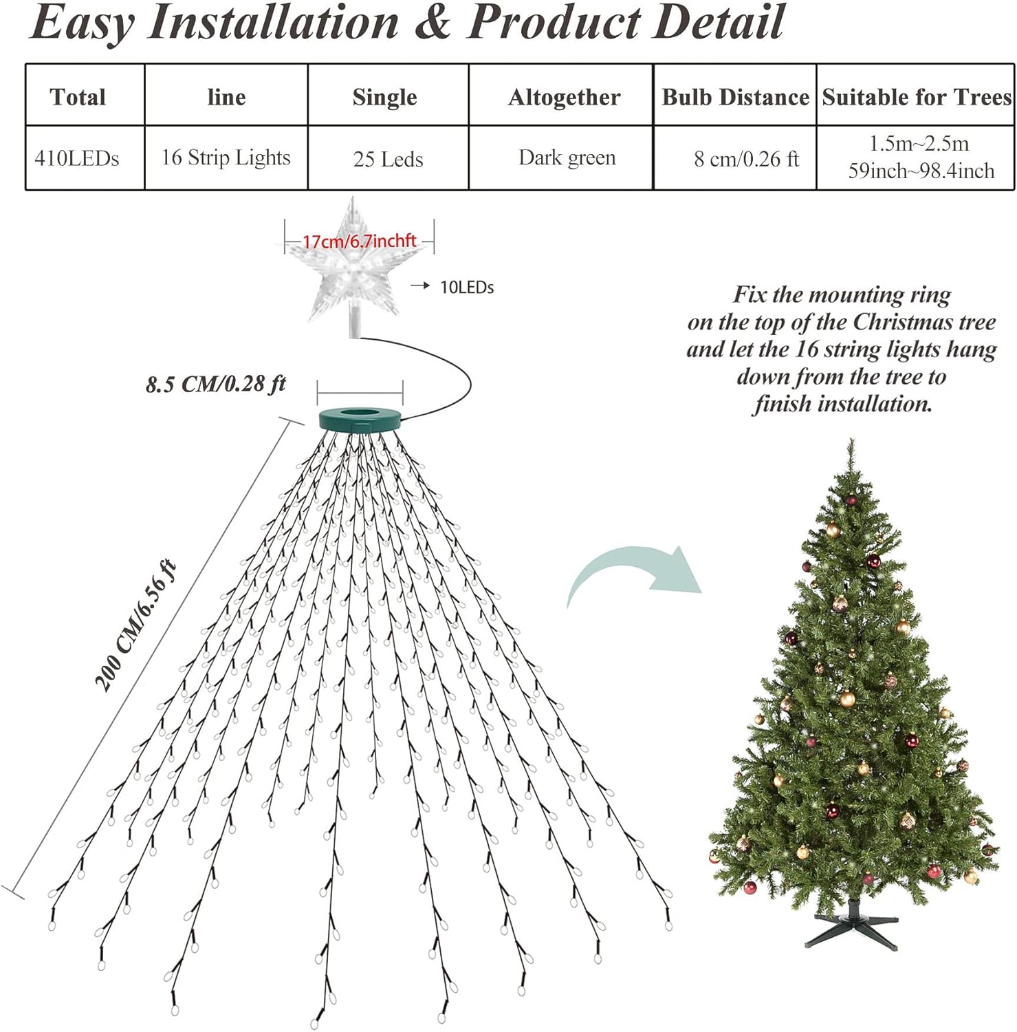 aneeway 410 LED Cascading Star Fairy Lights – Warm White Bedroom & Living Room Decor with 8 Modes and Timer