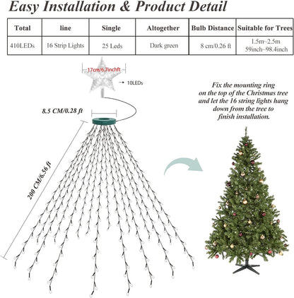 aneeway 410 LED Cascading Star Fairy Lights – Warm White Bedroom & Living Room Decor with 8 Modes and Timer