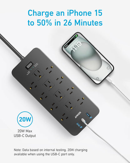 Anker Mountable Power Strip 2100J Premium Gift for Gamers and Streamers, 12 Outlets 20W USB C 10ft