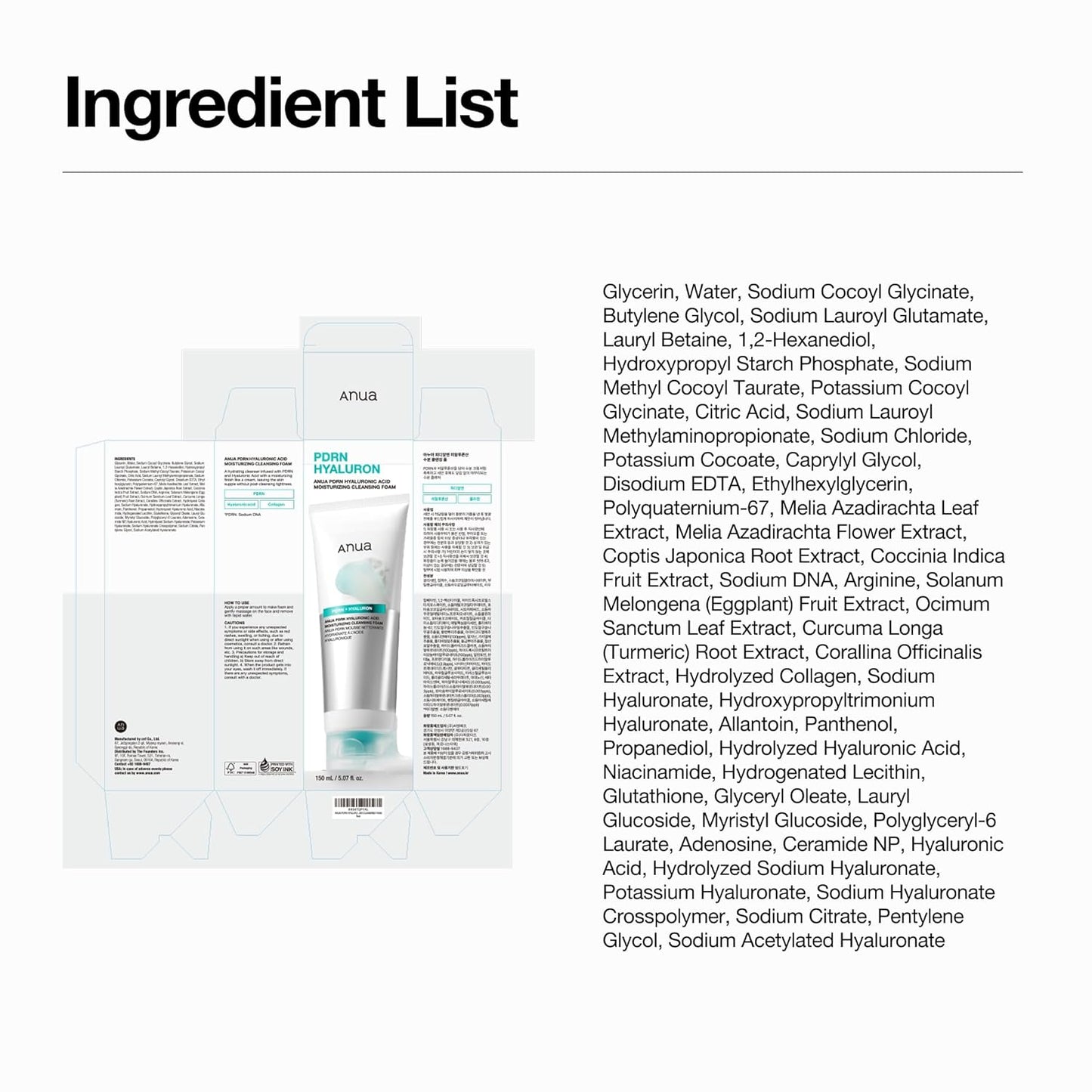 Anua PDRN Hyaluronic Acid Cleansing Foam – Clean, Unscented Face Wash for the Uncluttered Vanity, Simple Korean Skincare