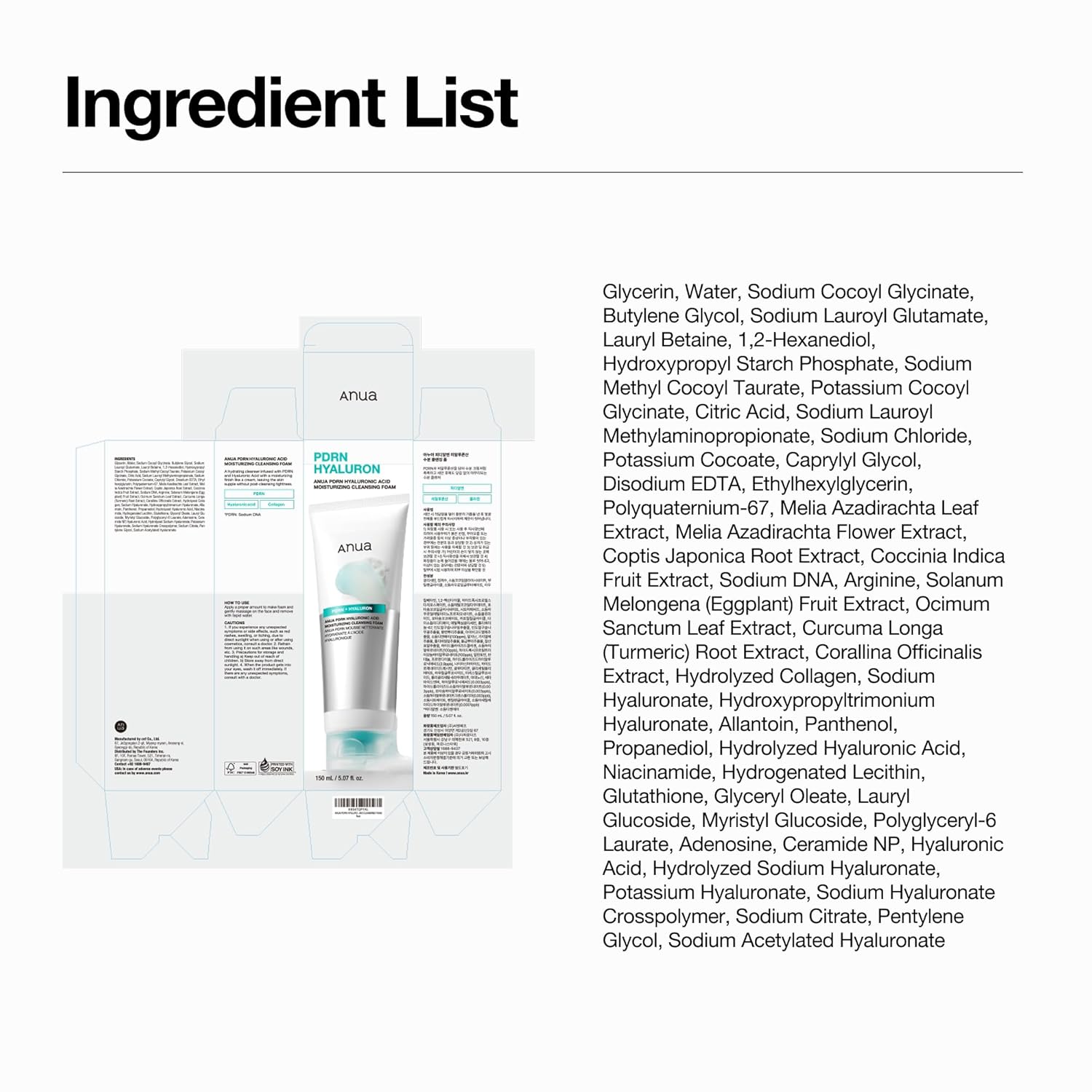Anua PDRN Hyaluronic Acid Cleansing Foam – Clean, Unscented Face Wash for the Uncluttered Vanity, Simple Korean Skincare