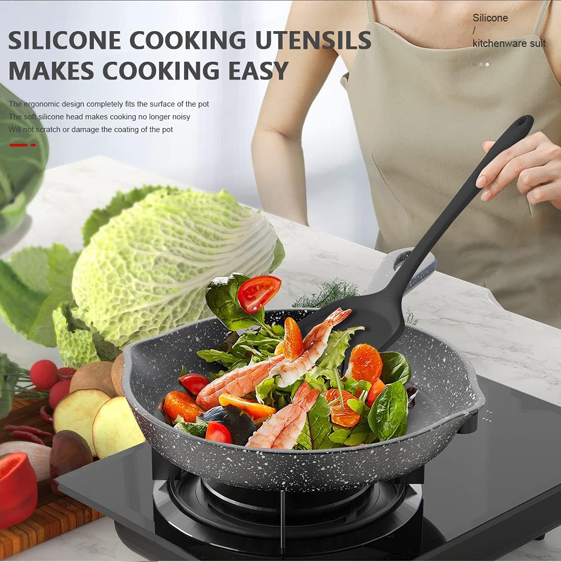 AOTHOD Heat Resistant Silicone Kitchen Set - Safe Cooking Tools for New Parents, No Melting or Chemical Leaching