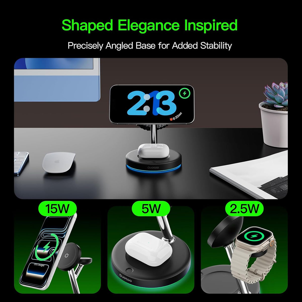 Apple Charging Station – Designer-Looking Charger for iPhone Apple Watch and AirPods, Bedroom and Living Room Styling