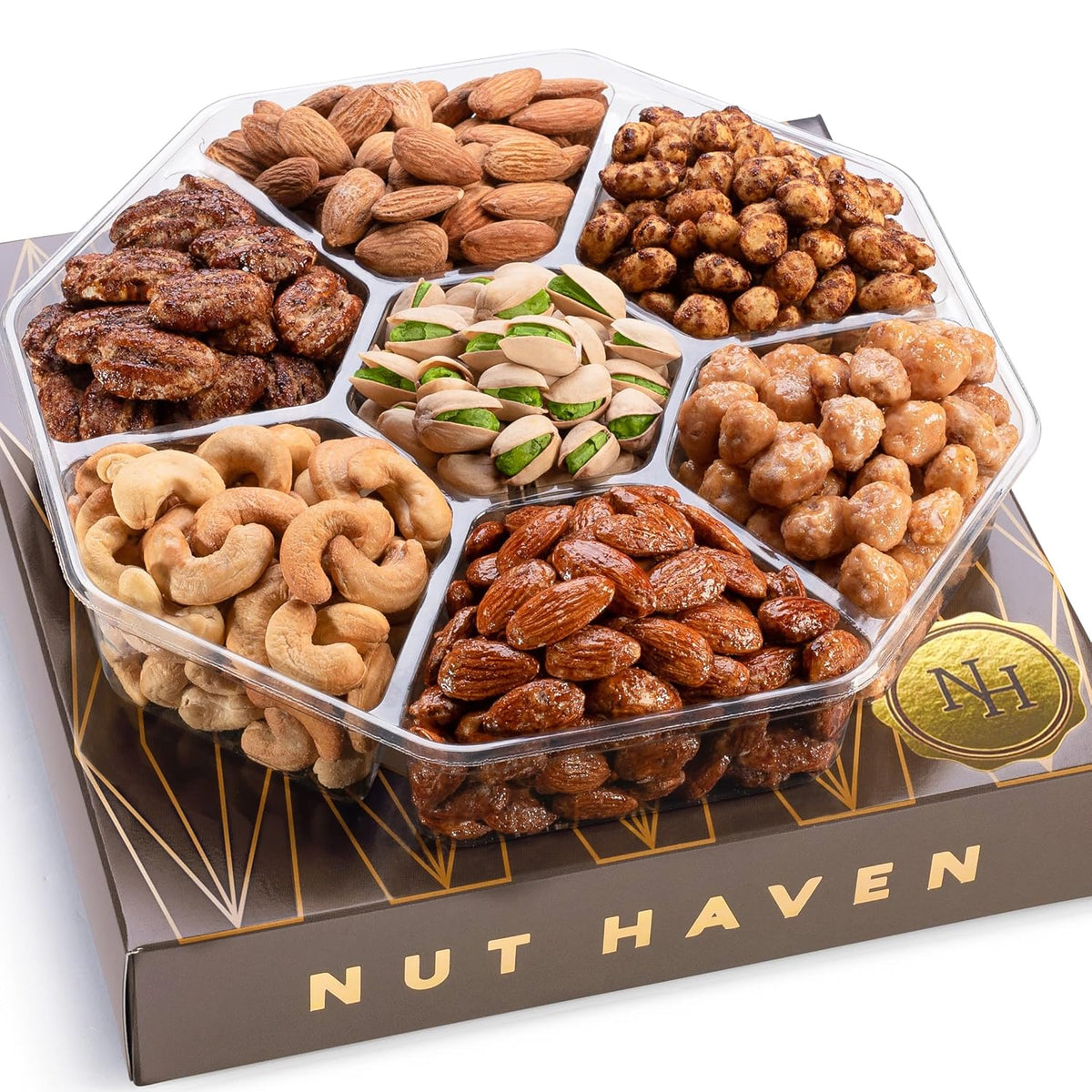 approximately 1 lb total weight of gourmet nuts in a reusable boutique-style gift box
