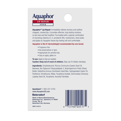 Aquaphor Lip Repair Stick – Windproof Lip Balm for Skiing, Hiking, and Winter Commutes, Pack of 2
