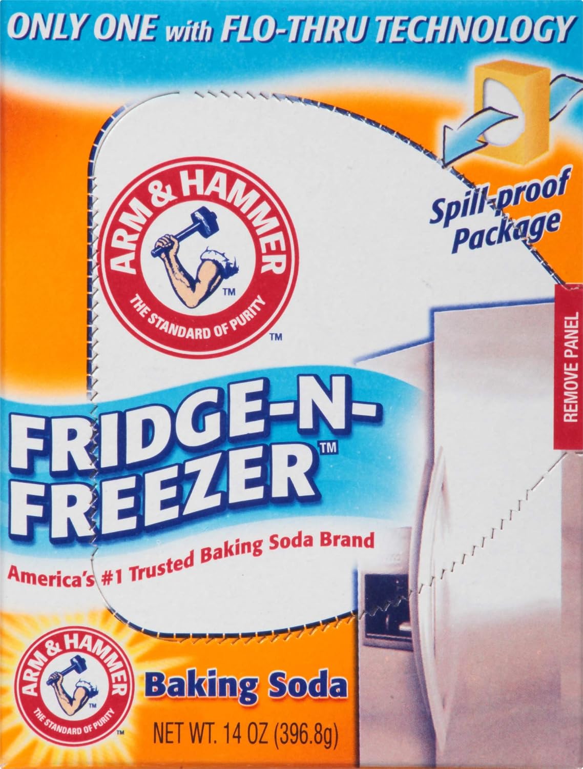 Arm & Hammer Baking Soda Fridge-n-Freezer Odor Absorber – Family-Safe Fridge Freshener, Fragrance-Free Orange 14 oz, 12-Pack