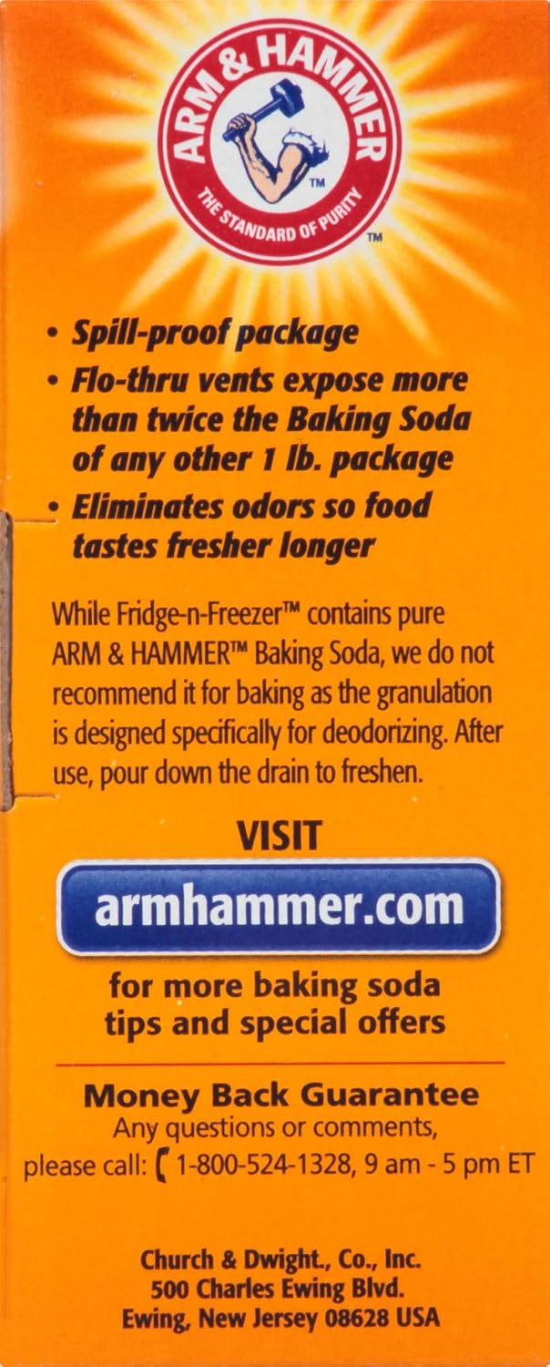 Arm & Hammer Baking Soda Fridge-n-Freezer Odor Absorber – Family-Safe Fridge Freshener, Fragrance-Free Orange 14 oz, 12-Pack