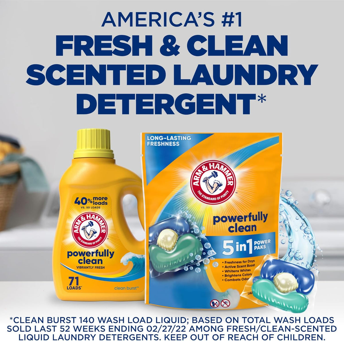 Arm & Hammer Clean Burst 5-in-1 Laundry Power Paks – Minimalist Laundry Closet Essential, No-Mess Pre-Measured Detergent