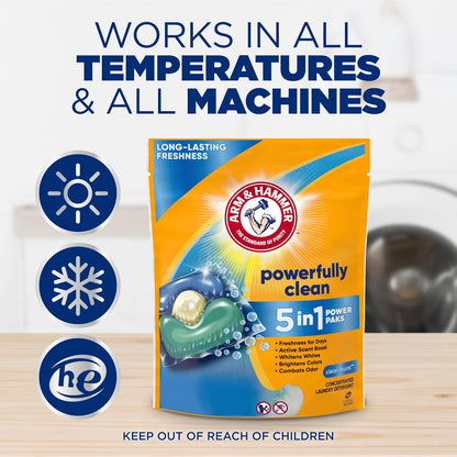 Arm & Hammer Clean Burst 5-in-1 Laundry Power Paks – Minimalist Laundry Closet Essential, No-Mess Pre-Measured Detergent