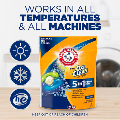 Arm & Hammer Plus OxiClean 5-in-1 Laundry Detergent Power Paks for Clutter-Free Homes, Single-Pod Laundry Solution