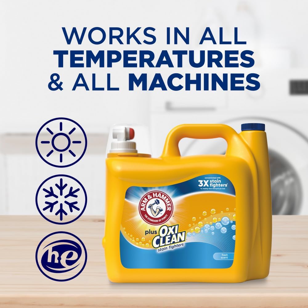 ARM & HAMMER Plus OxiClean Laundry Detergent – Trusted Stain Remover Safe for All Washing Machines, HE Compatible, 122 Loads, Fresh Scent