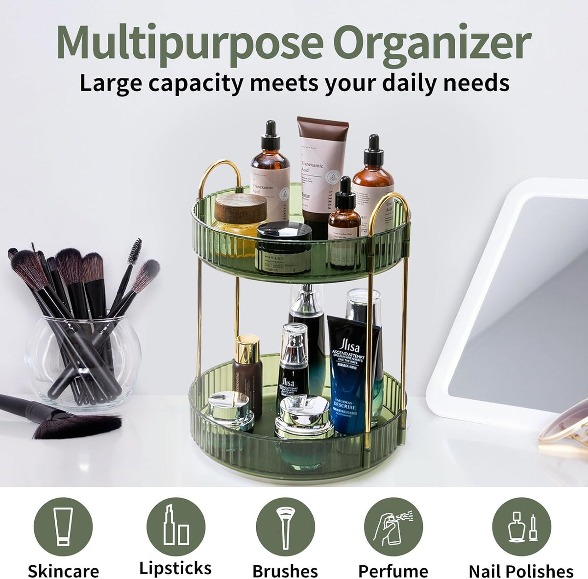 Asayuee 360 Rotating Makeup Organizer for Vanity – Modern Bedroom Decor Spinning Perfume Organizer, Tiered Skincare Display for Dresser