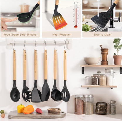 Astercook Complete Silicone Cooking Set with Wooden Handle — Streamlined Kitchen Essentials for an Intentional, Less-Is-More Home