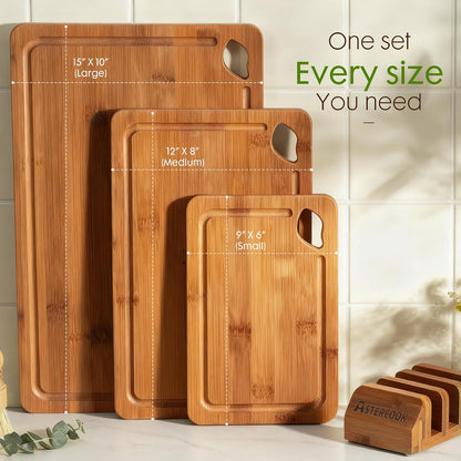 Astercook Natural Bamboo Cutting Boards with Stand – Calming Cooking Ritual Upgrade for Slow Living Kitchens, 3 Sizes