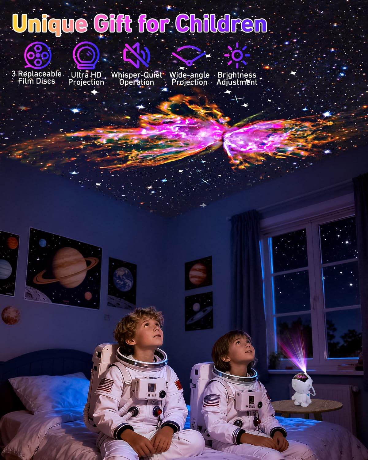 AstroLume Astronaut Galaxy Projector for Kids Room – 12 Space Scenes with Auto-Off Timer for Nursery and Playroom
