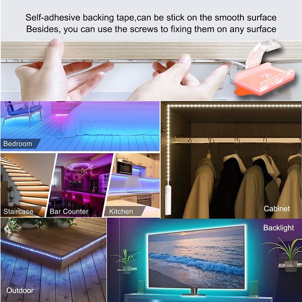 ATB LED Strip Light Mounting Clips for Bedroom Accent Walls and Cozy Ambient Lighting, 100-Pack Clear Brackets with 3M VHB Adhesive