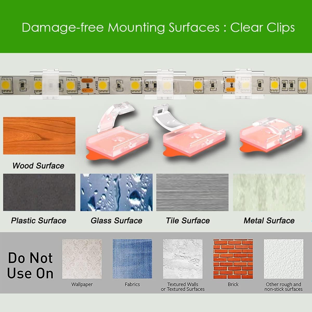 ATB LED Strip Light Mounting Clips for Bedroom Accent Walls and Cozy Ambient Lighting, 100-Pack Clear Brackets with 3M VHB Adhesive