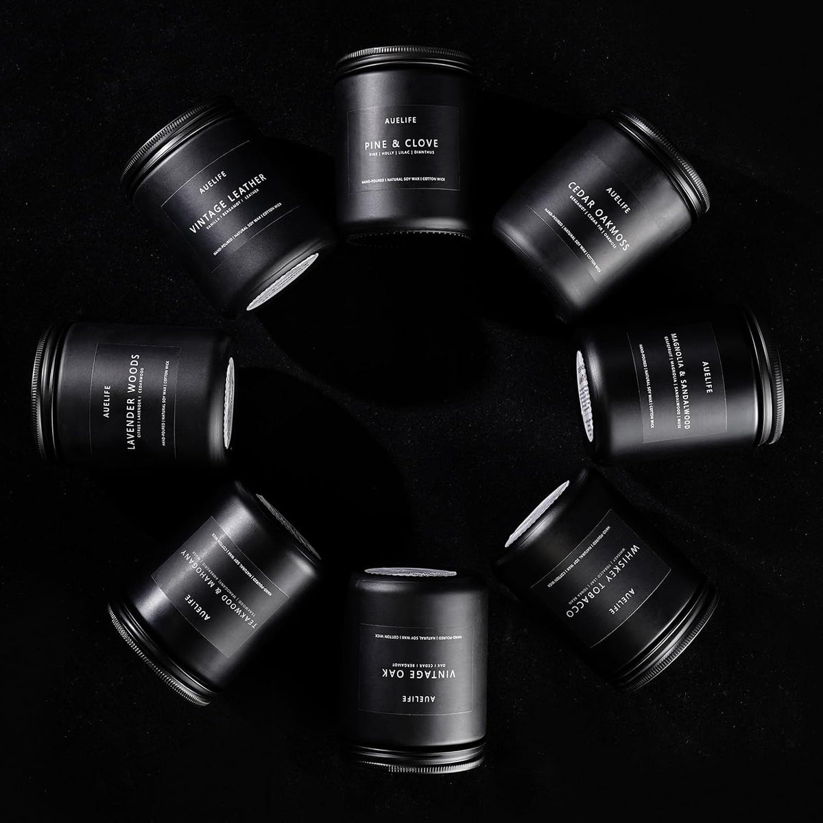 Auelife 4 Pack Masculine Soy Candles, Black Glass Votive Jars with Wood, Smoke and Leather Notes – Elevated Interior Decor for Modern Home