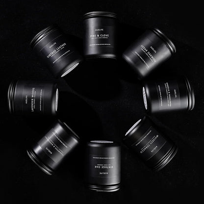Auelife 4 Pack Masculine Soy Candles, Black Glass Votive Jars with Wood, Smoke and Leather Notes – Elevated Interior Decor for Modern Home