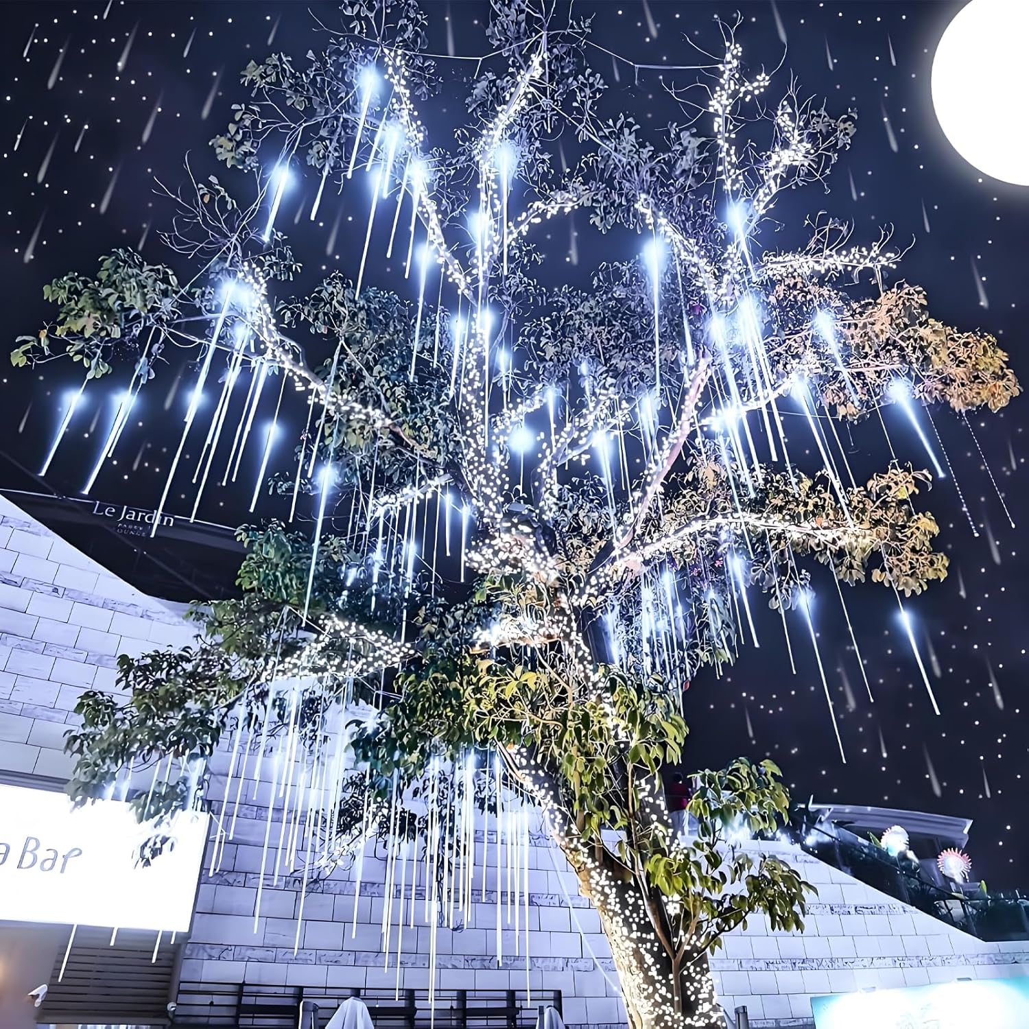 Aukora Meteor Shower Lights 8 Tube 192 LED Cascading Rain Light for Patio, Campground, and Outdoor Dining Setup