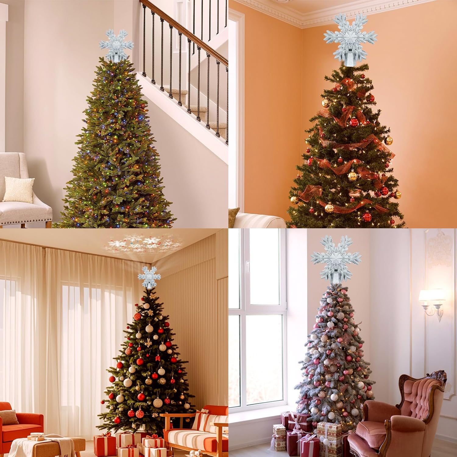 Aurora Glow Snowflake Tree Topper Projector – 3D Glitter Ceiling Light for Cozy Living Room Holiday Aesthetic