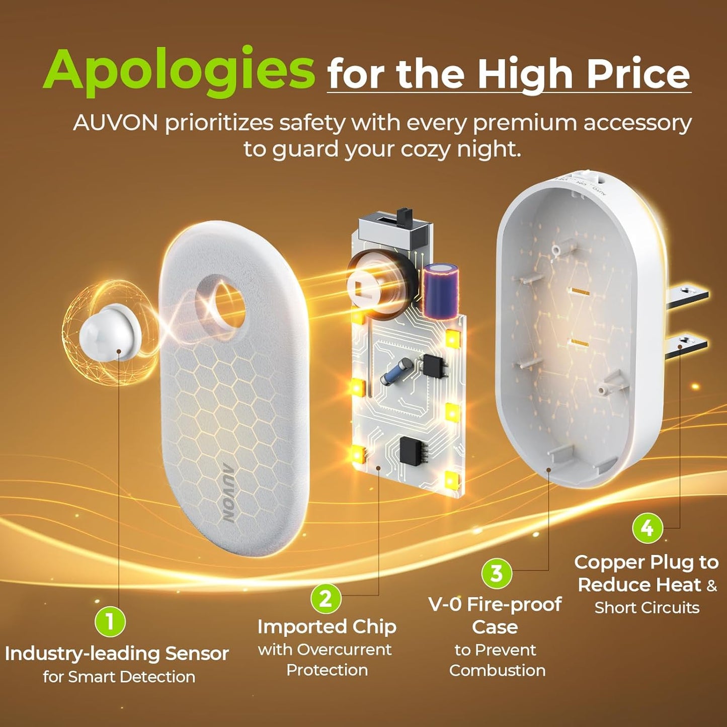 AUVON Motion Sensor Night Light – Flameless Auto Shutoff Nightlight for Bedroom, Bathroom and Hallway Fall Prevention
