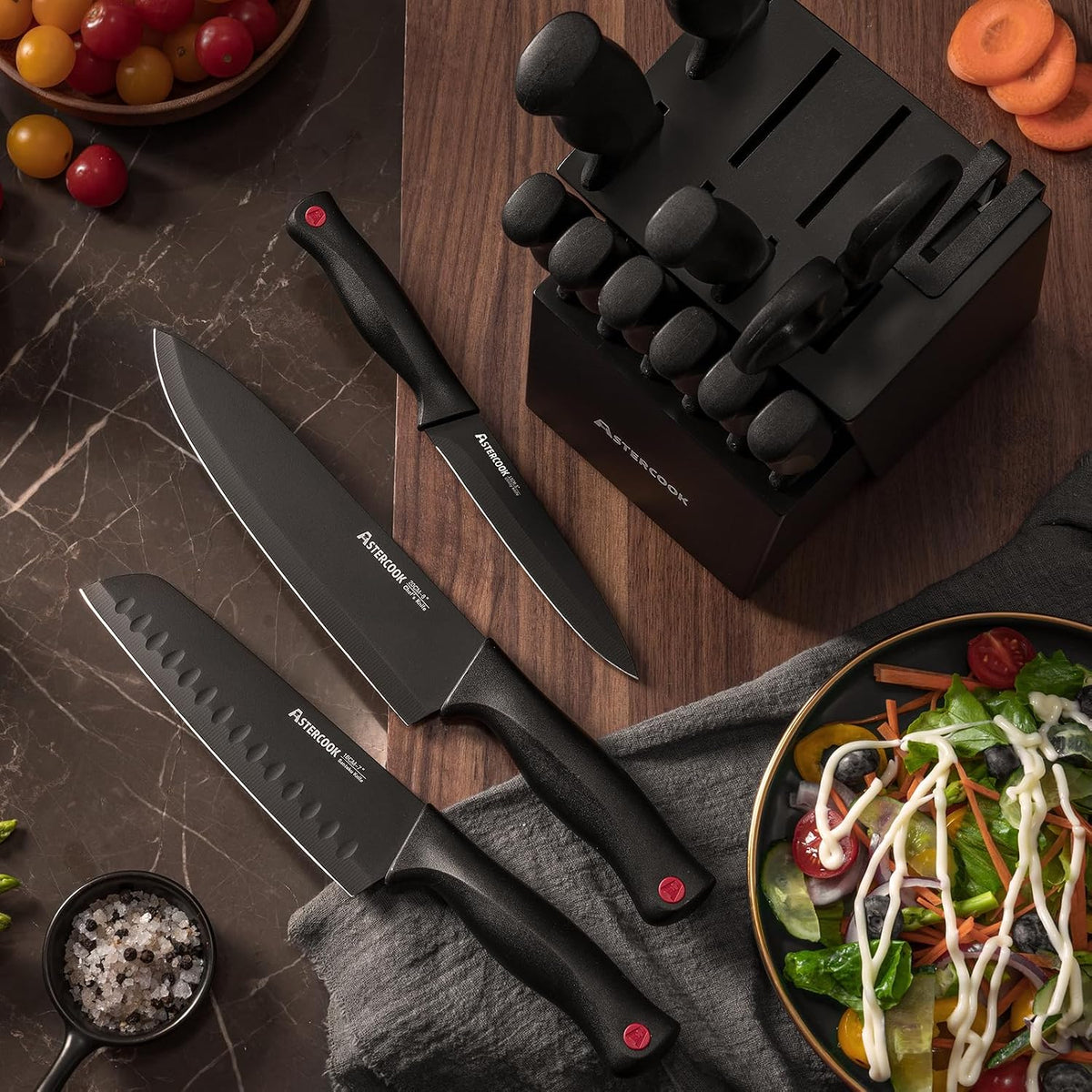 available in 2 finishes (black, walnut brown) and 2 sizes (15-piece, 21-piece) for kitchen-matching and household-size flexibility