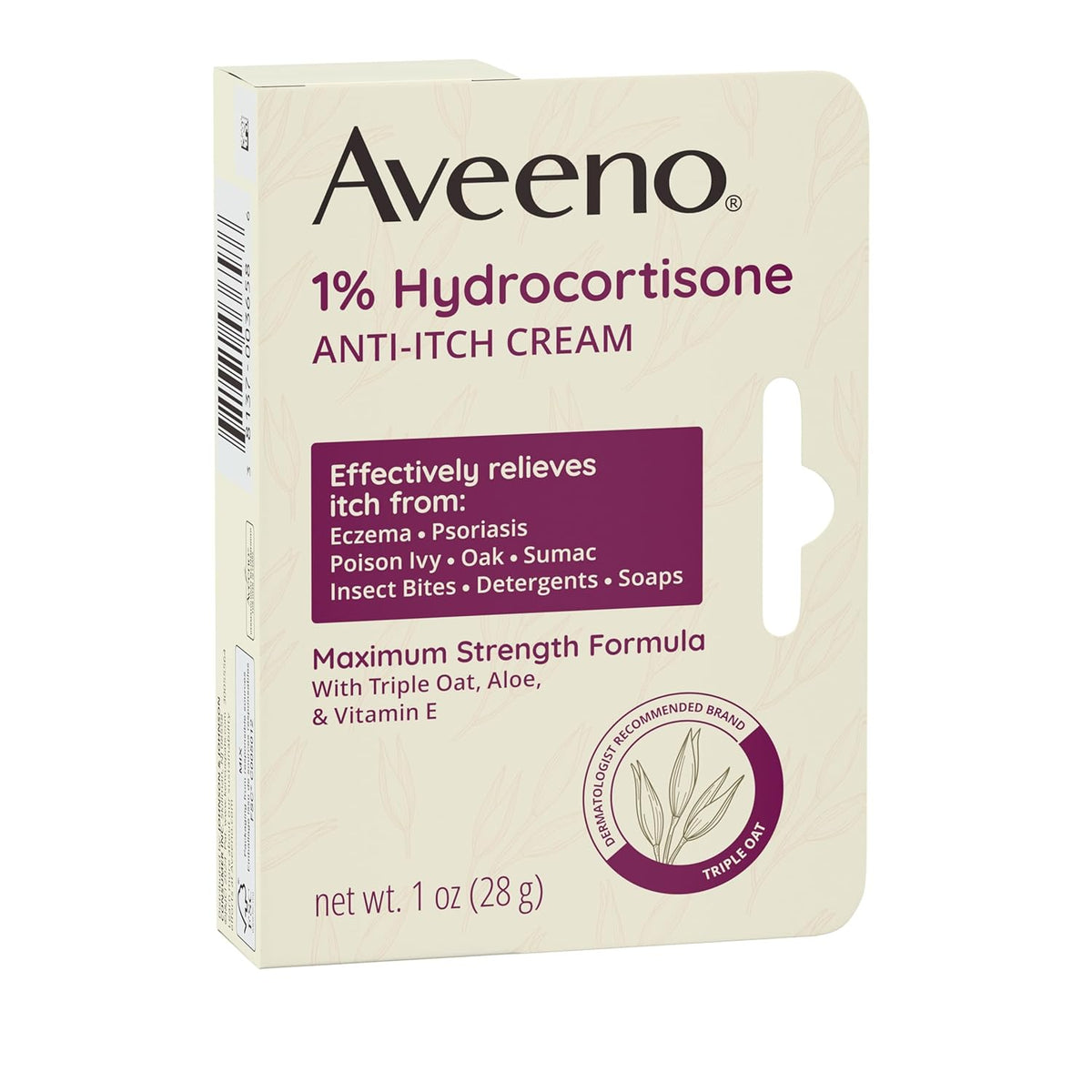 Aveeno 1% Hydrocortisone Anti-Itch Cream for Poison Ivy, Oak & Sumac, Camping & Hiking First Aid, 1 oz 2 Pack