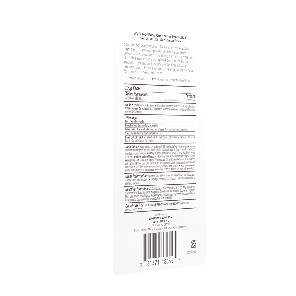 Aveeno Baby Continuous Protection Mineral Sunscreen Stick for Sensitive Skin – 100% Zinc Oxide SPF 50 Free of Fragrance, Parabens, and Phthalates