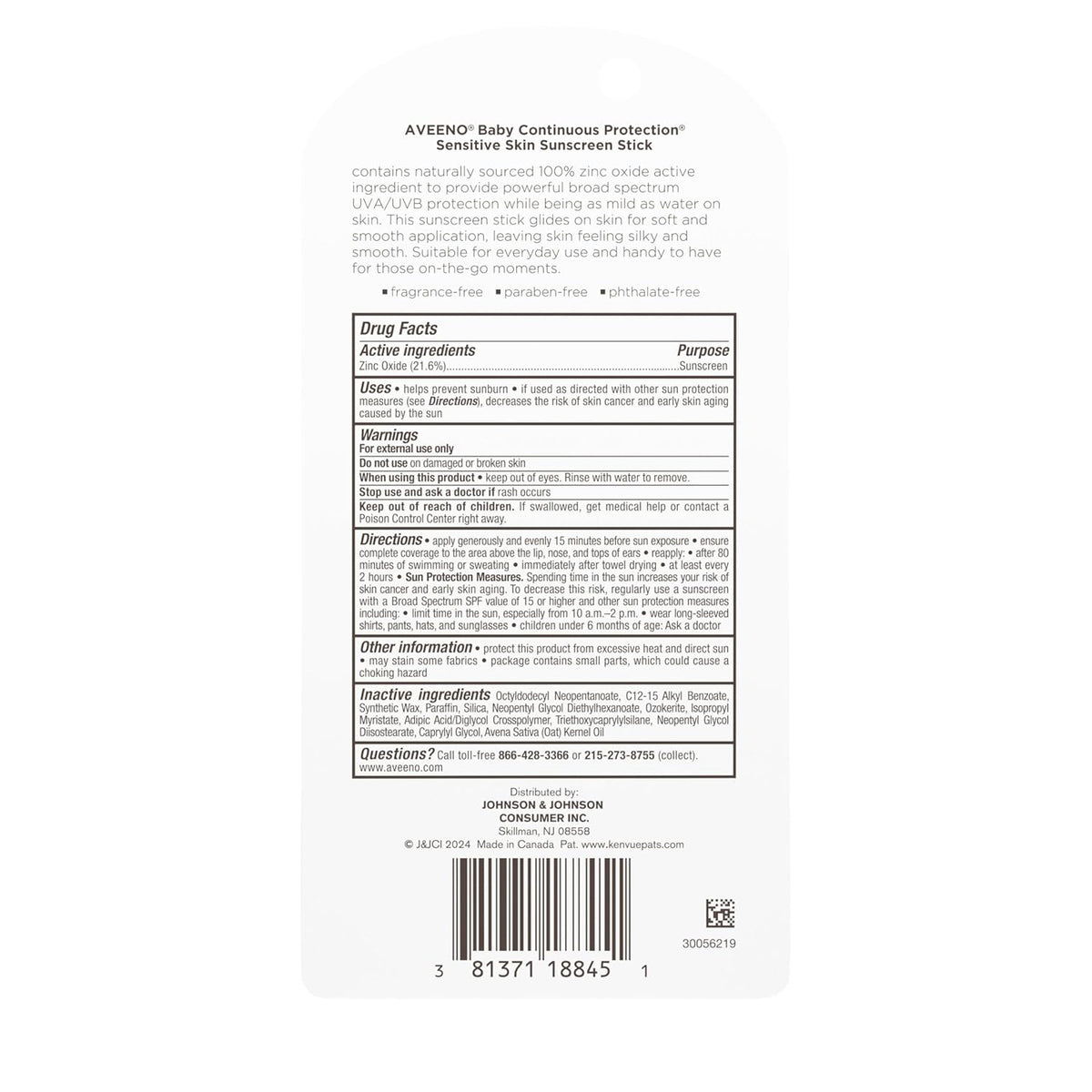Aveeno Baby Continuous Protection Mineral Sunscreen Stick for Sensitive Skin – 100% Zinc Oxide SPF 50 Free of Fragrance, Parabens, and Phthalates