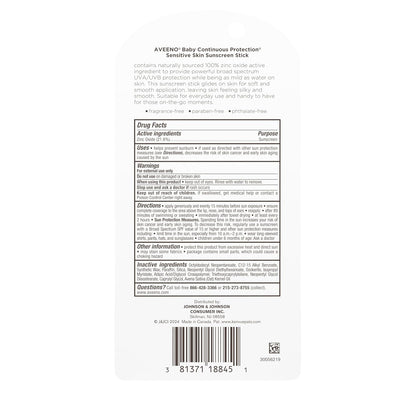 Aveeno Baby Continuous Protection Mineral Sunscreen Stick for Sensitive Skin – 100% Zinc Oxide SPF 50 Free of Fragrance, Parabens, and Phthalates