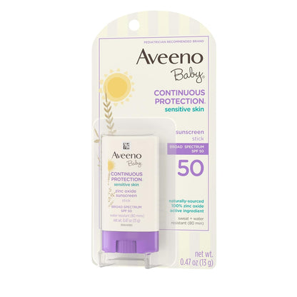 Aveeno Baby Continuous Protection Mineral Sunscreen Stick for Sensitive Skin – 100% Zinc Oxide SPF 50 Free of Fragrance, Parabens, and Phthalates