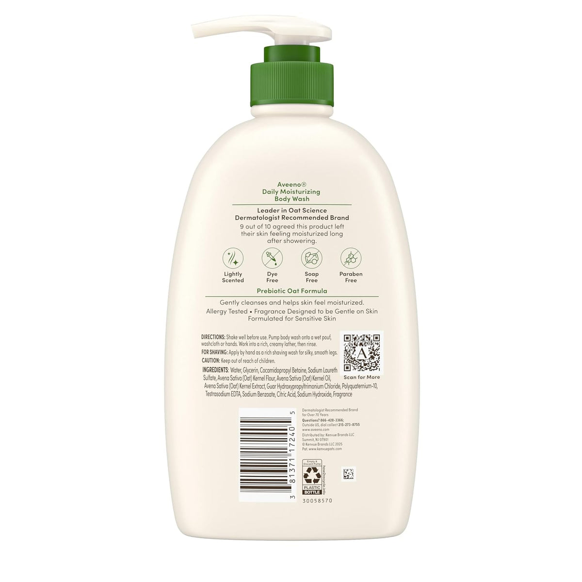 Aveeno Daily Moisturizing Body Wash for Dry & Sensitive Skin – Gentle Prebiotic Oat Cleanser for a Mindful Bath Ritual, 33 fl oz