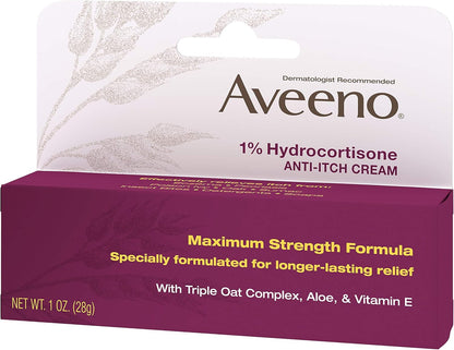 Aveeno Maximum Strength 1% Hydrocortisone Anti-Itch Cream – Dye-Free Fragrance-Free Formula for Allergy-Prone Skin Reactions, 1 oz
