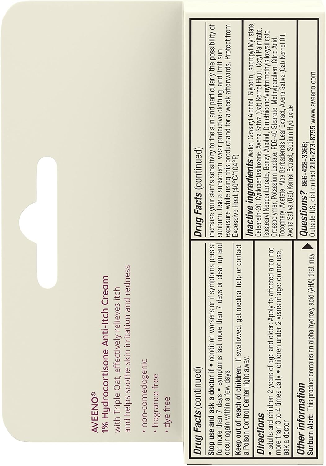 Aveeno Maximum Strength 1% Hydrocortisone Anti-Itch Cream – Dye-Free Fragrance-Free Formula for Allergy-Prone Skin Reactions, 1 oz