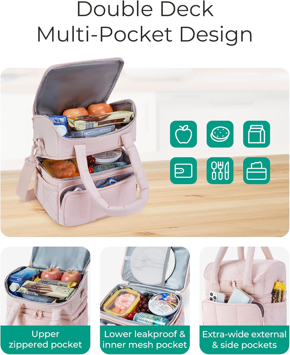 BAGSMART Quilted Puffer Lunch Bag – Office Lunch Organizer for Female Professionals Working at the Desk