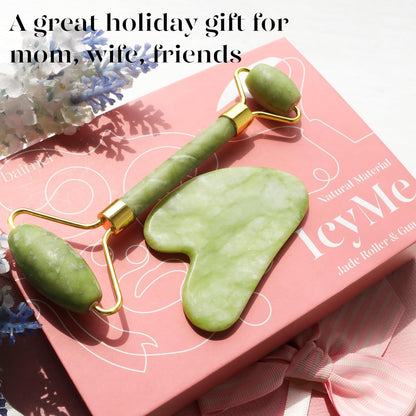 BAIMEI IcyMe Gua Sha & Jade Roller Set – Premium Skincare Heirloom, Crafted Jade Facial Tools for Her